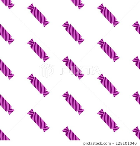 Seamless Candy pattern in vibrant hues. Hand drawn, doodle caramel in violet and purple repeated design. Candy pattern great for Easter, Valentine, Halloween, Christmas design. Enjoy candy, have fun. 129101040