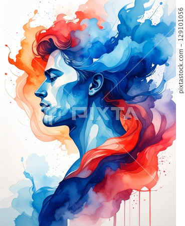 A profile of a person surrounded by rippling blue and red swirls, a watercolor painting with a sense of transparency, and a blurred background that exudes emotion. 129101056