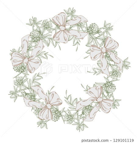 Wreath of clovers and bows. Meadow flower vector ink illustration. Handmade ink art work. Wreath of clovers and bows. Meadow flower vector ink illustration. Handmade ink art work. 129101119