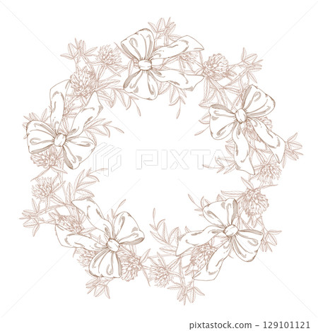 Wreath of clovers and bows. Meadow flower vector ink illustration. Handmade ink art work. Wreath of clovers and bows. Meadow flower vector ink illustration. Handmade ink art work. 129101121