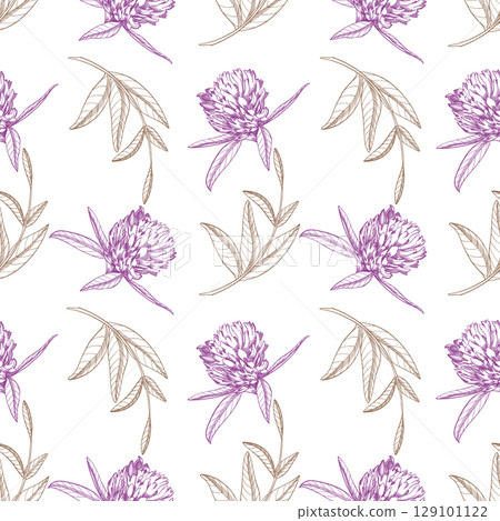 Seamless pattern of a clover. Meadow flower vector ink illustration. Handmade ink art work. Seamless pattern of a clover. Meadow flower vector ink illustration. Handmade ink art work. 129101122