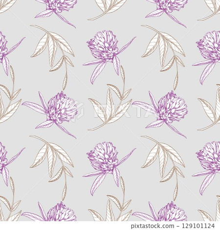 Seamless pattern of a clover. Meadow flower vector ink illustration. Handmade ink art work. Seamless pattern of a clover. Meadow flower vector ink illustration. Handmade ink art work. 129101124