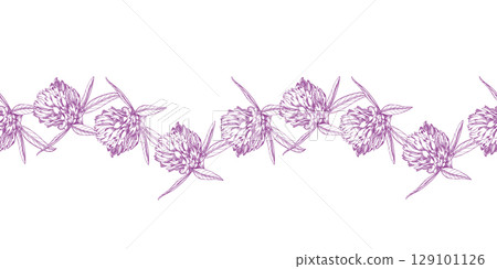 Seamless border of clovers. Meadow flower vector ink illustration. Handmade ink art work. 129101126