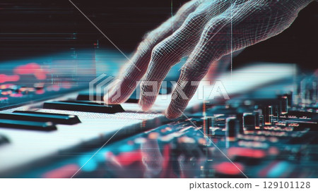 Digital wireframe hand hovering over virtual keyboard, generating immersive technological soundscape 129101128