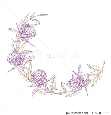 Wreath of clovers. Meadow flower vector ink illustration. Handmade ink art work. Wreath of clovers. Meadow flower vector ink illustration. Handmade ink art work. 129101156