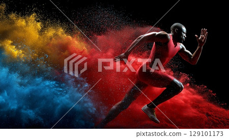 Male athlete running through colorful powder clouds during a competition, dynamic sports photography with black background Male athlete running through colorful powder clouds during a competition, dynamic sports photography with black background 129101173