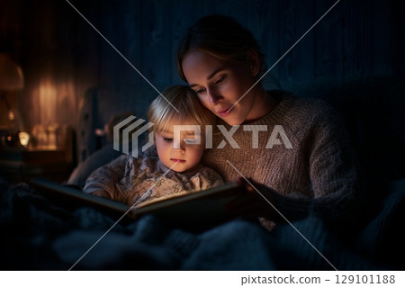 Mother reading storybook while sitting beside toddler daughter, soft bedside lamp glowing in nighttime bedroom setting 129101188