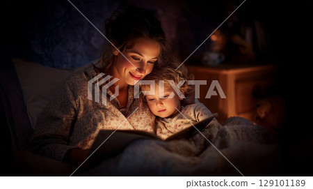 Caring mother reading fairytale to blonde daughter under soft blanket, sharing warm bedtime moment with gentle illumination 129101189