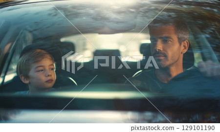 Father teaching son driving techniques, sharing precious moment of skill transfer and connection on open road 129101190