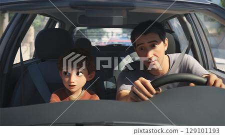 Father teaching son driving, showing nervous anticipation inside family vehicle 129101193