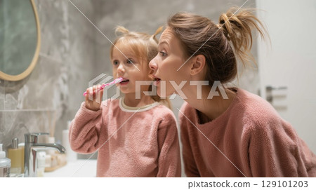 Young mother guiding daughter during teeth brushing, demonstrating proper dental care routine in home bathroom 129101203