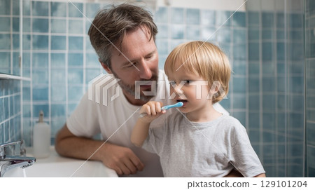 Father and son brushing teeth together in bathroom, learning good hygiene habits 129101204