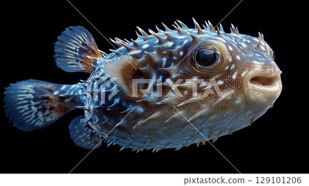 Close-up of a porcupinefish swimming in dark water, showcasing its unique spiky texture and open mouth 129101206
