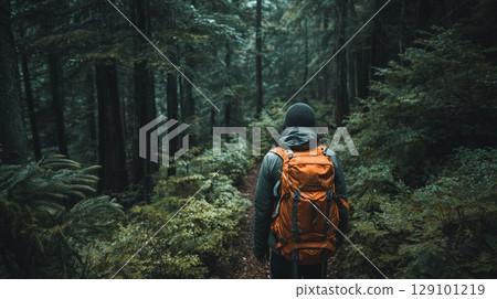 Hiker with orange backpack walking in the forest and enjoying trekking in the woods 129101219