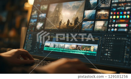 Professional filmmaker editing fantasy movie, enhancing visual effects and sound using advanced editing software on laptop 129101256