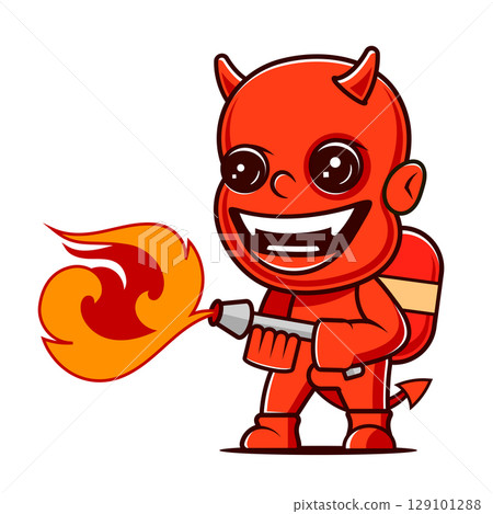 soldier wielding a flamethrower, engulfed in a fiery blast, aiming at an unseen target. The intensity of the fire creates a dramatic and chaotic scene. 129101288