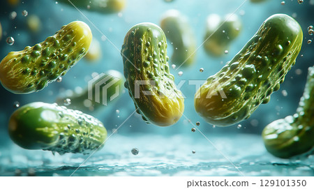 Green cucumber pickles floating on background 129101350