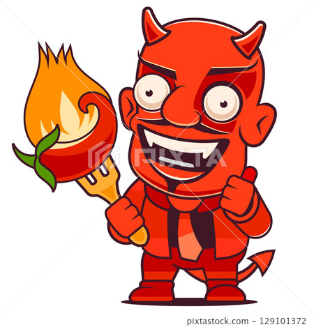 Vector illustration of chilli pepper with fire in engraving style. Vector icon of red chili pepper on isolated background in retro style. Extra spicy food. Vector illustration of chilli pepper with fire in engraving style. Vector icon of red chili pepper on isolated background in retro style. Extra spicy food. 129101372