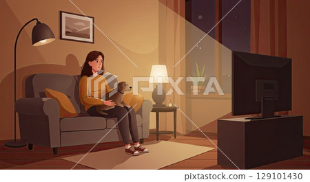 Woman and dog on couch enjoy cozy movie night, their bond is truly cozy 129101430