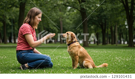 Woman and dog in park share positive training, rewarding effective training 129101431