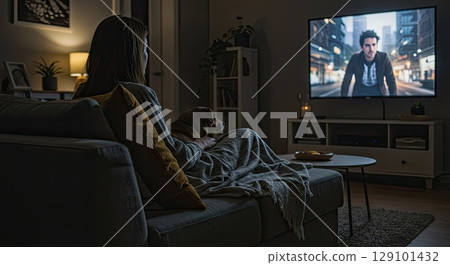 Woman and dog share cozy movie night on couch, cozy blanket enhances home 129101432