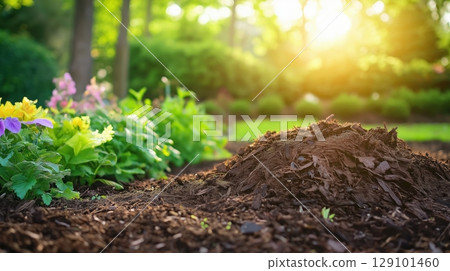 Garden bed shows soil preparation using fresh mulch near colorful flowers. 129101460