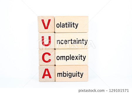 Blocks showing keywords for the VUCA era and English explanations 129101571