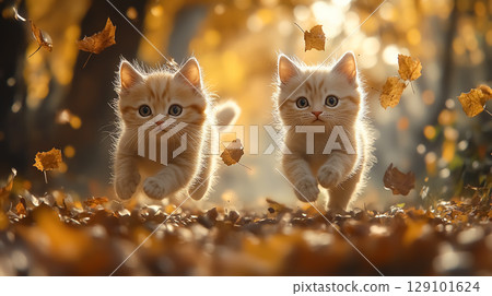 Two kittens running through the forest, with falling leaves and warm autumn colors 129101624