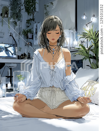 Illustration material of a woman quietly posing in night yoga (anime style) Illustration material of a woman quietly posing in night yoga (anime style) 129101832