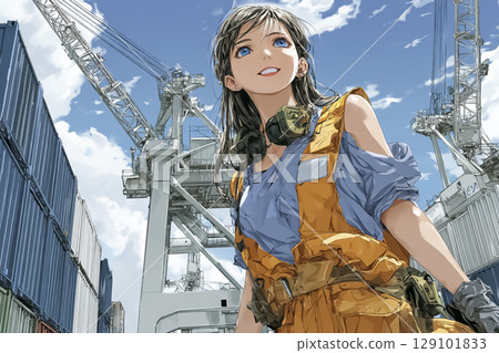 貨櫃堆場工作的微笑女工的插圖素材（動漫風格） 129101833