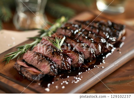 Grilled steak cut into slices and seasoned with rosemary 129102237