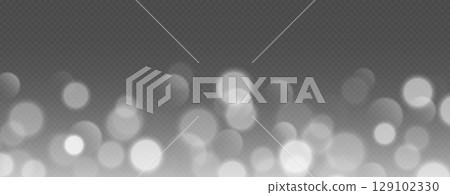 White bokeh, blurred grey background with sparkling lights, blurry glitter effect. 129102330