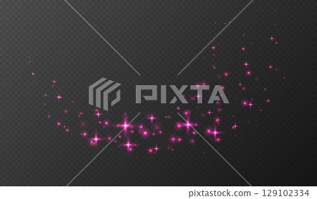 Pink sparkling stars, shiny particles light effect, transparent flying stardust texture 129102334