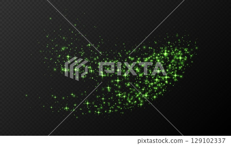 Green sparkling stars, shiny particles light effect, transparent flying stardust texture 129102337