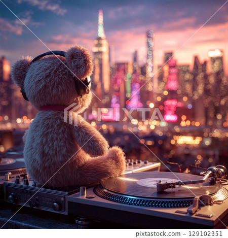 Teddy bear DJ enjoying a sunset over a vibrant city skyline while mixing music on turntables 129102351
