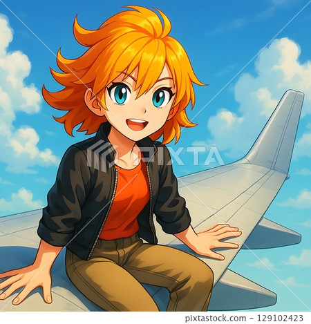 young woman with short orange hair sitting on airplane wing in clear blue sky illustration for use in editorial content fantasy books character design or travel concept 129102423