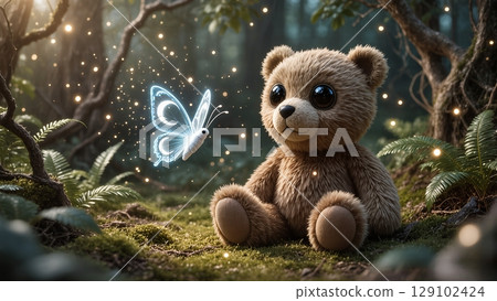 adorable little bear watching butterfly in enchanted fantasy forest illustration for use in fairy tale book design or magical animal themed posters 129102424