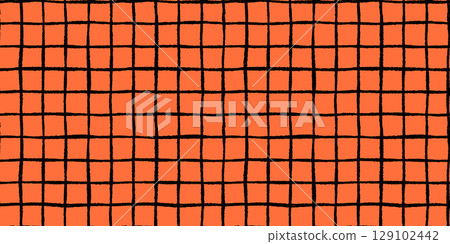 Ink brush orange and black Halloween doodle hand drawn plaid seamless vector pattern, irregular painted check background Ink brush orange and black Halloween doodle hand drawn plaid seamless vector pattern, irregular painted check background 129102442