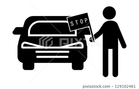 一個人在汽車前舉著「停止」標誌以阻止交通的象形圖 129102461