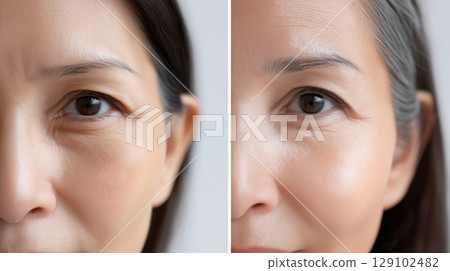 Skincare transformation showcasing youthful radiance and mature beauty 129102482