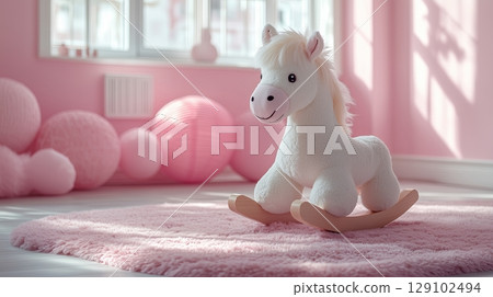 Rocking horse toy in a bright pink playroom with soft lighting Rocking horse toy in a bright pink playroom with soft lighting 129102494