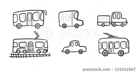 Cute kids style drawing doodle outline city transport for kid coloring books. Childish sketchy linear public city transport, car, truck for children educational or fun app or book, sticker, logo Cute kids style drawing doodle outline city transport for kid coloring books. Childish sketchy linear public city transport, car, truck for children educational or fun app or book, sticker, logo 129102807