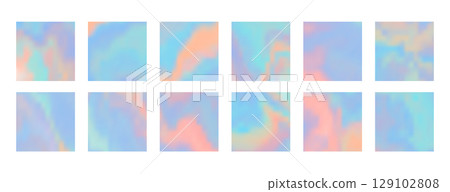 Set of tender pastel blue and coral orange square wavy hologram background. Holographic vibrant teal and pink colors geometric stickers for software, ui design, web, apps wallpaper, banner 129102808