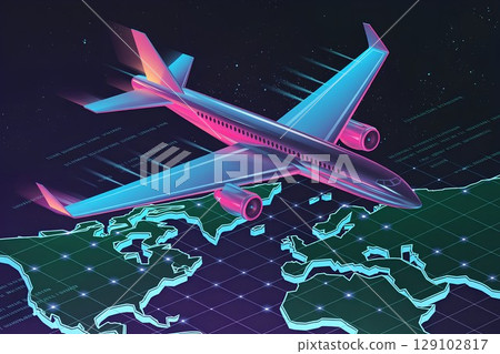 Futuristic cyberpunk aircraft soaring over neon-lit digital cityscape, sci-fi futuristic aviation art 129102817