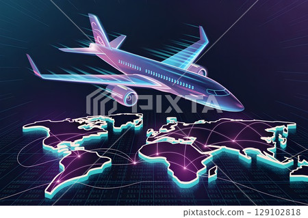 Airplane flying over glowing world map with connection lines, global travel network and international business concept 129102818