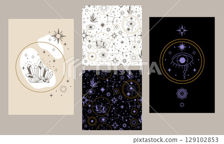 Celestial posters and seamless pattern set vector illustration 129102853