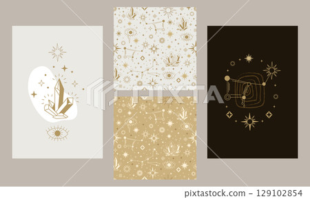 Stars and crystal posters and seamless pattern set vector 129102854