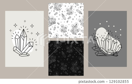 Boho posters and seamless pattern with crystals vector set 129102855