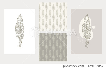 Esoteric minimalist clouds posters and seamless pattern vector set 129102857