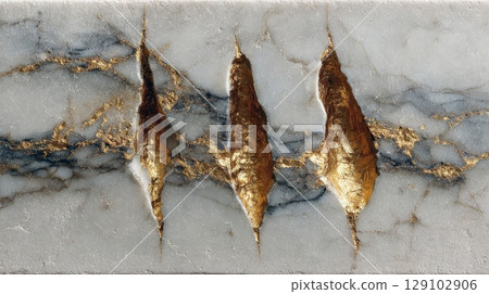 Golden kintsugi repairing a marble surface with elegance 129102906